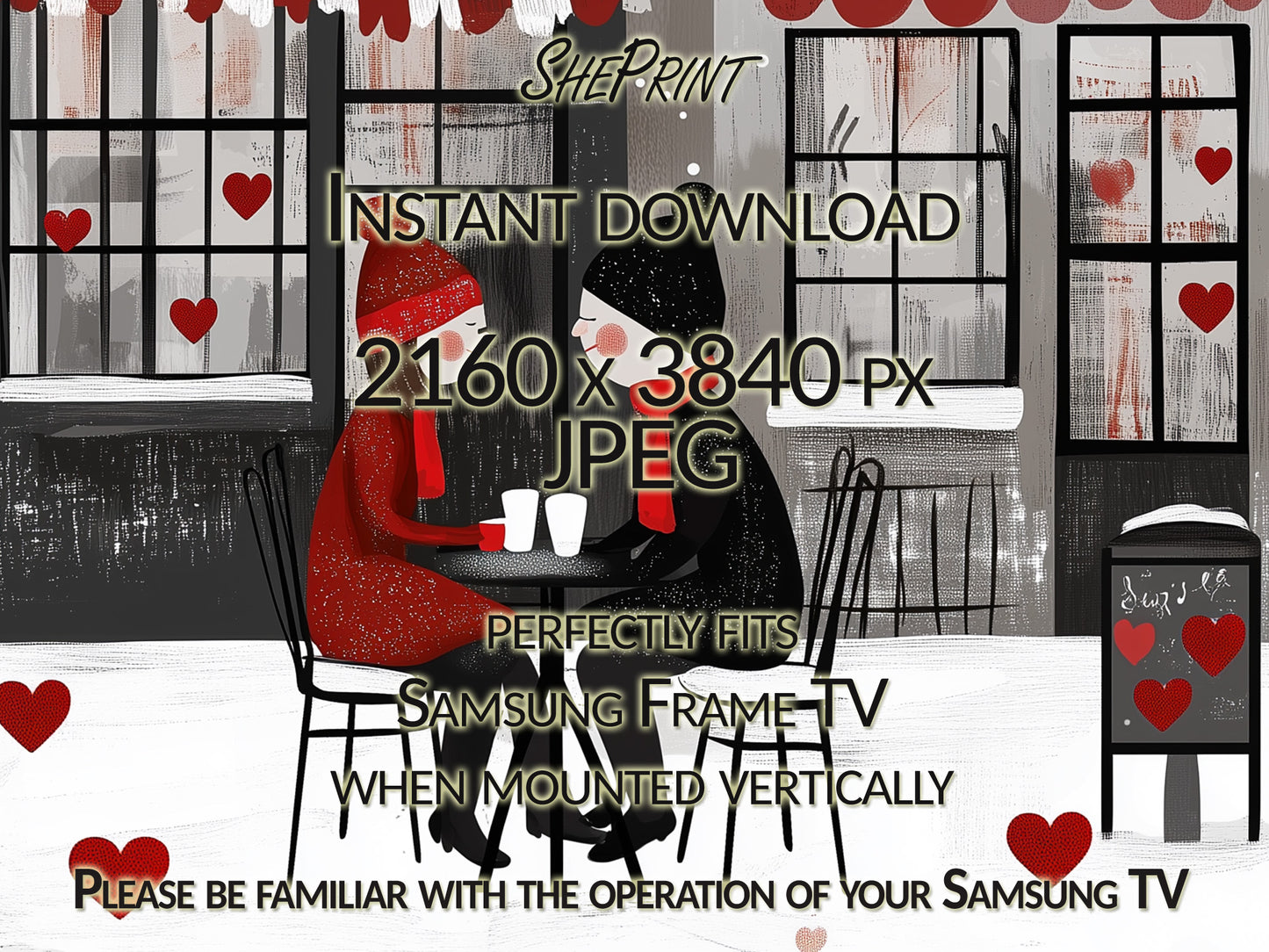 Love Chit Chat in Cafe Vertical Frame TV Art close up view