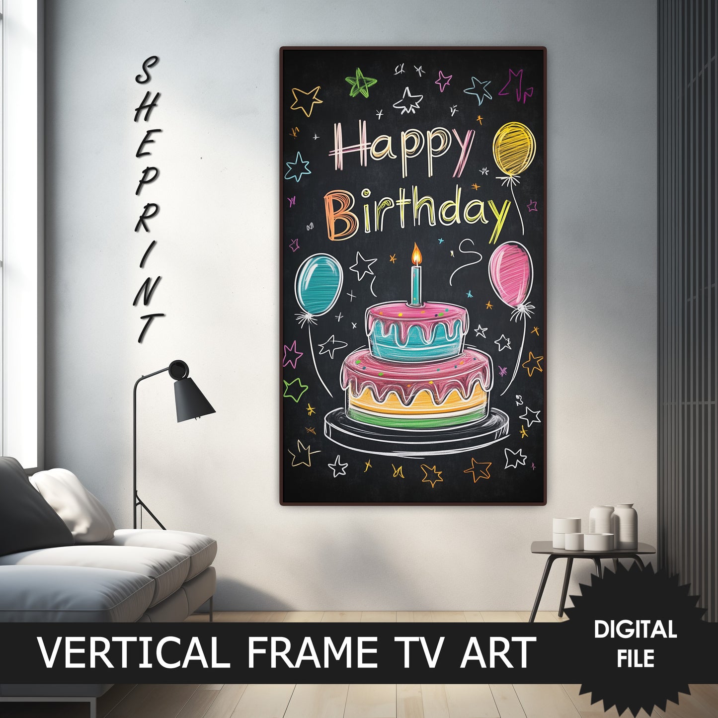 Vertical Frame TV Art Happy Birthday Written on School Board, For Kids preview on screen