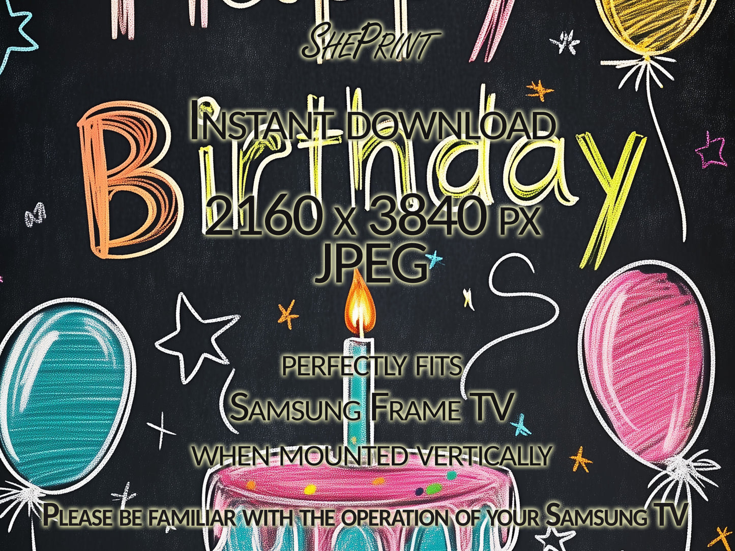 Vertical Frame TV Art Happy Birthday Written on School Board, For Kids close up view