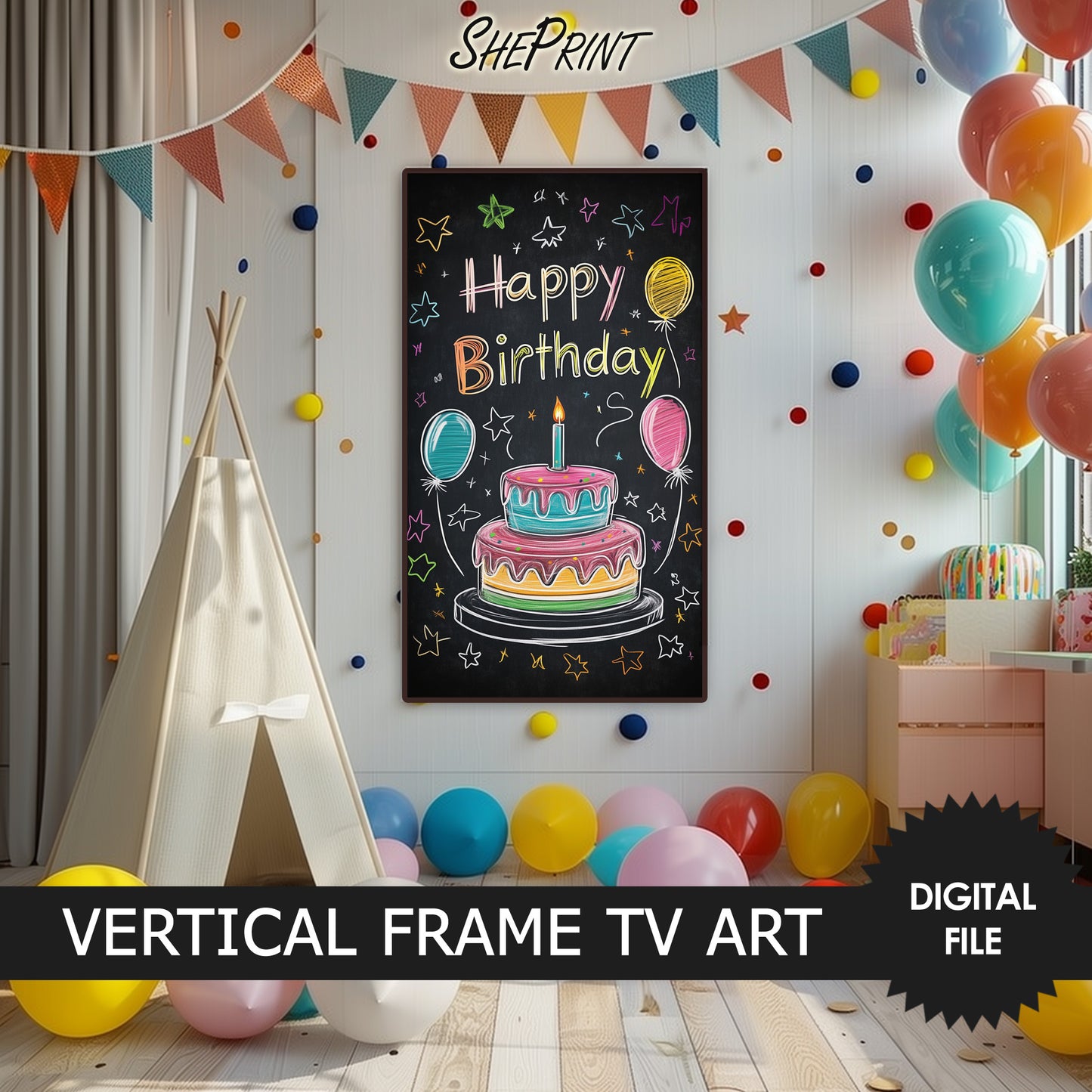 Vertical Frame TV Art Happy Birthday Written on School Board, For Kids preview in kids room
