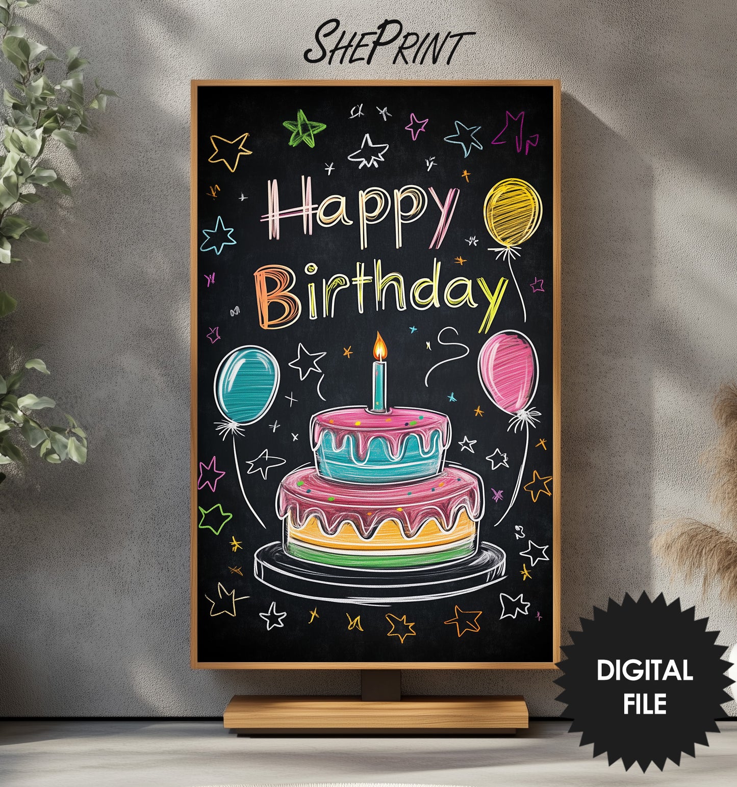 Vertical Frame TV Art Happy Birthday Written on School Board, For Kids preview with wood frame