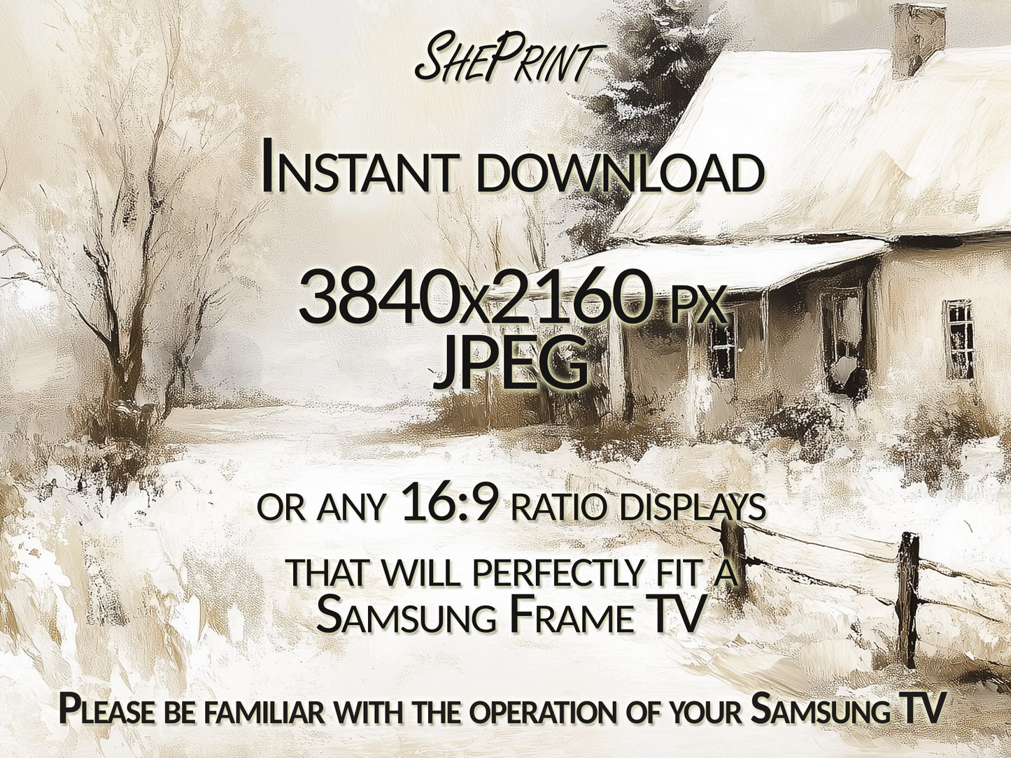 Vintage Winter Cottage Scene Frame TV Art close up view