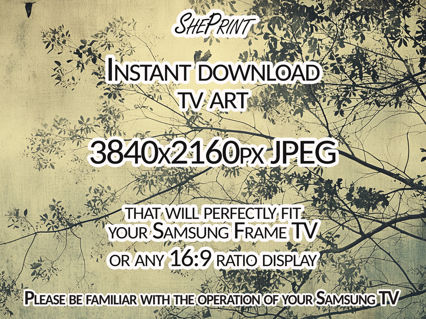 Wabi Sabi Frame TV Art – Moody Minimalist Tree & Birds Wall Art close up view
