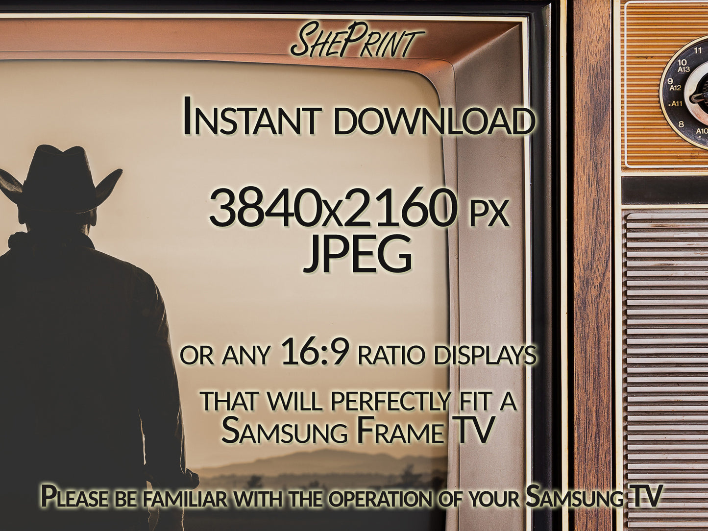 Samsung Frame TV Art Retro TV With Western Movie Scene, Cowboy Sunset, Antique Old Television Wooden Case, Digital TV Art, Instant Download
