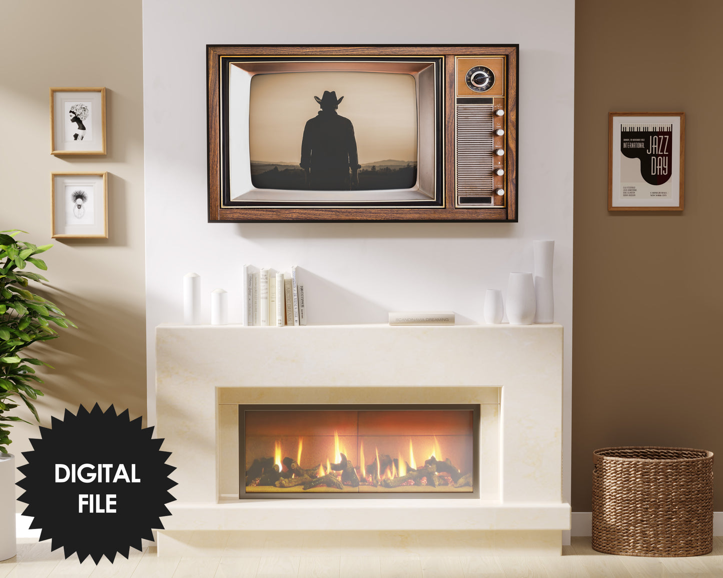 Samsung Frame TV Art Retro TV With Western Movie Scene, Cowboy Sunset, Antique Old Television Wooden Case, Digital TV Art, Instant Download