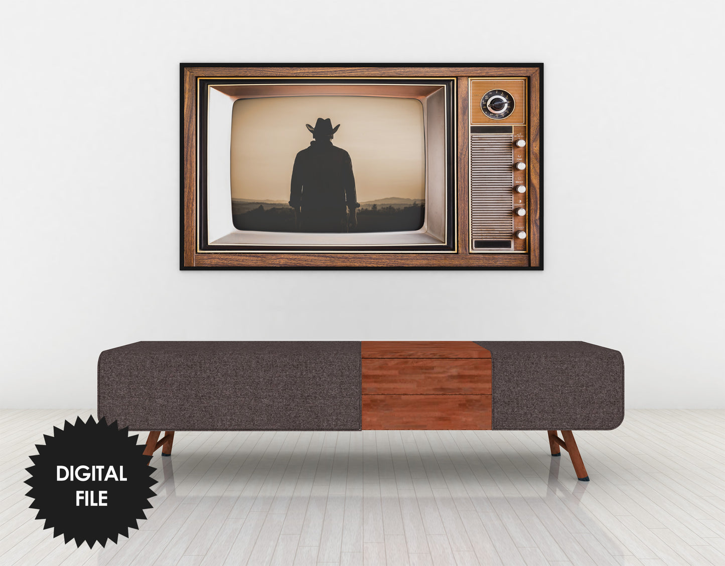 Samsung Frame TV Art Retro TV With Western Movie Scene, Cowboy Sunset, Antique Old Television Wooden Case, Digital TV Art, Instant Download