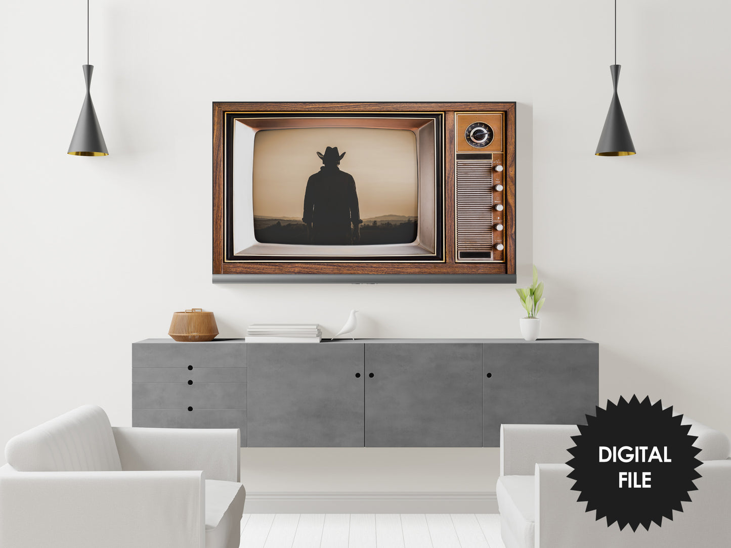 Samsung Frame TV Art Retro TV With Western Movie Scene, Cowboy Sunset, Antique Old Television Wooden Case, Digital TV Art, Instant Download