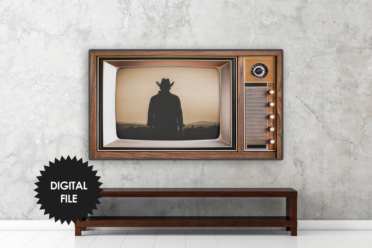 Samsung Frame TV Art Retro TV With Western Movie Scene, Cowboy Sunset, Antique Old Television Wooden Case, Digital TV Art, Instant Download