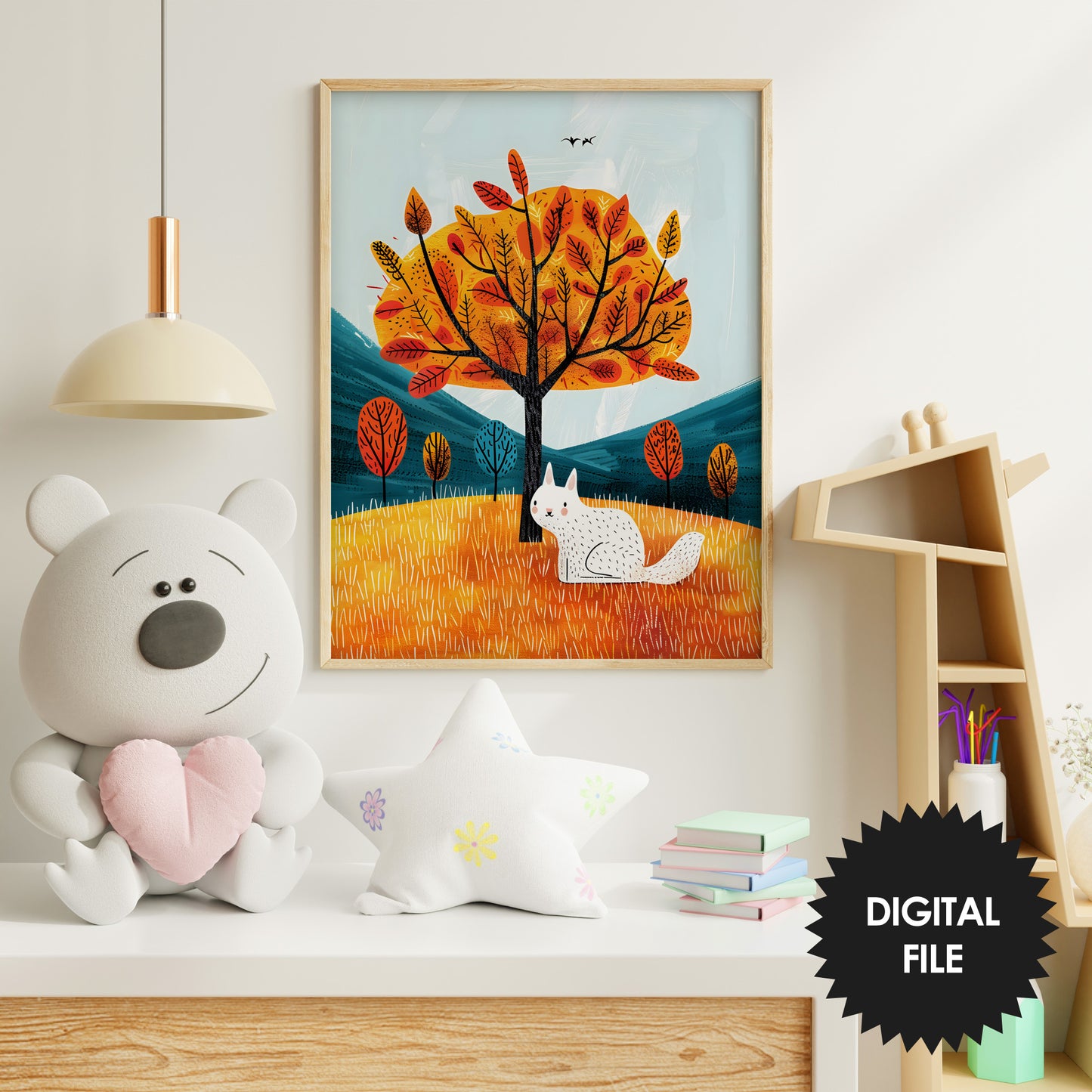 Fall Nursery Wall Art, White Cat Under Tree Print preview on wall in nursery room