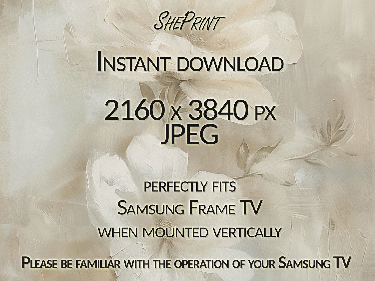 Vertical Frame TV Art, White Flowers Painting, Neutral Colors Floral Art close up view