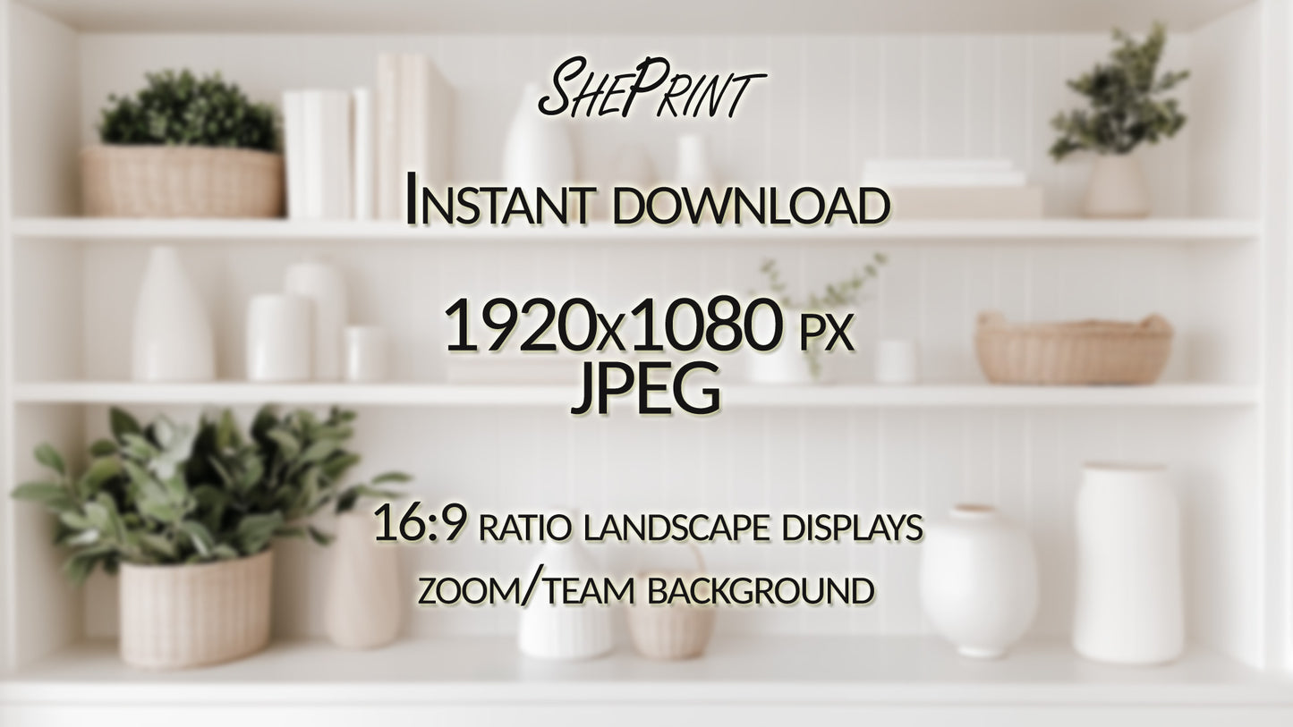 Zoom Background, Simple White Bookshelves With Greenery blur version full image peview