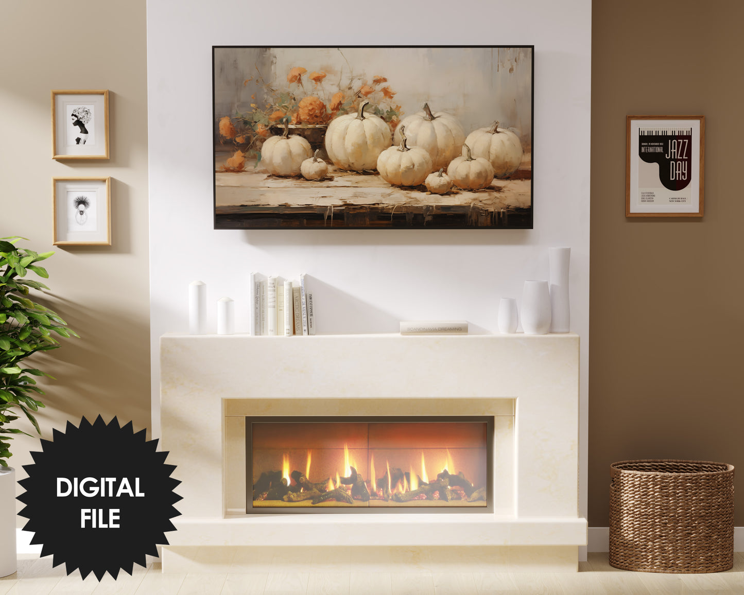 White Pumpkins Frame TV Art, Thanksgiving Painting, 3840 x 2160 pixels, Instant Download