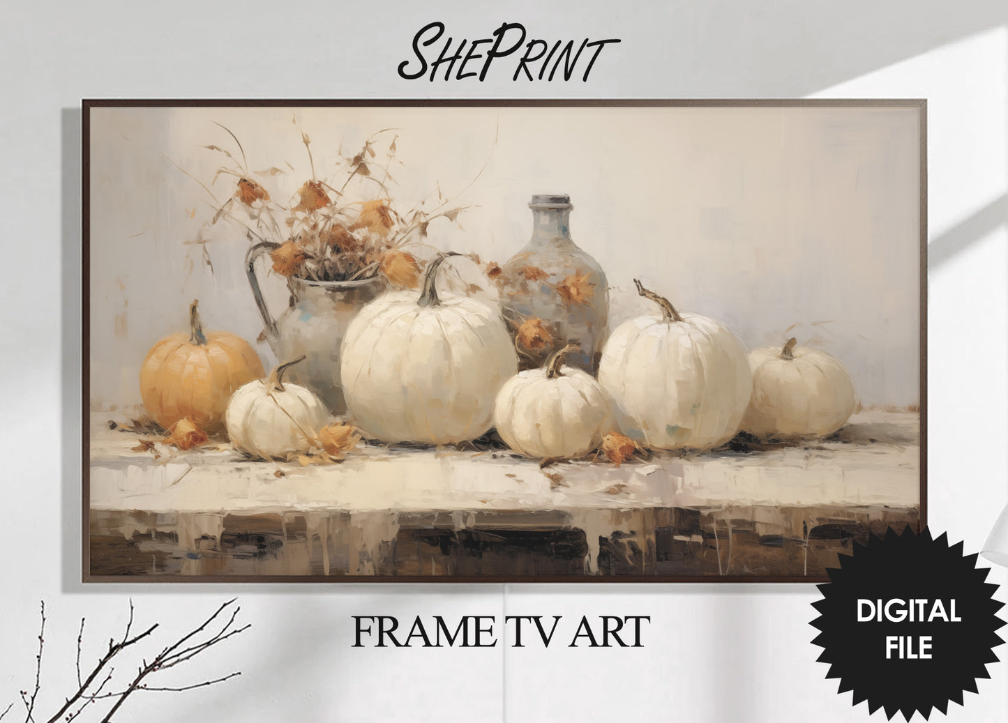 White Pumpkins Still Life Frame TV Art, Thanksgiving TV Art