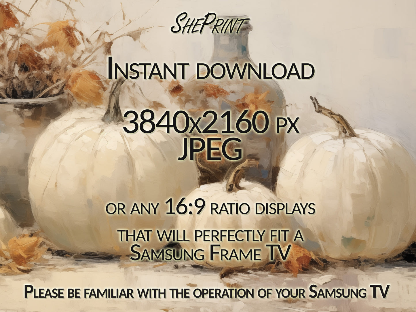 White Pumpkins Still Life Frame TV Art, Thanksgiving TV Art, Instant Download
