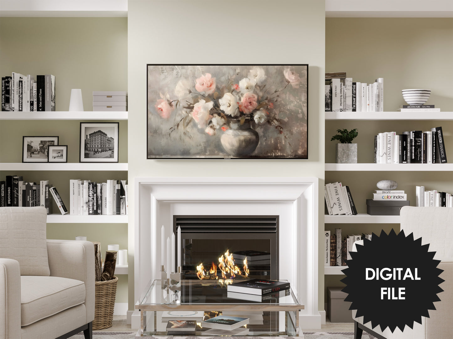 White Roses In Vase TV Art | Soft Colors Still Life Painting preview in modern living room