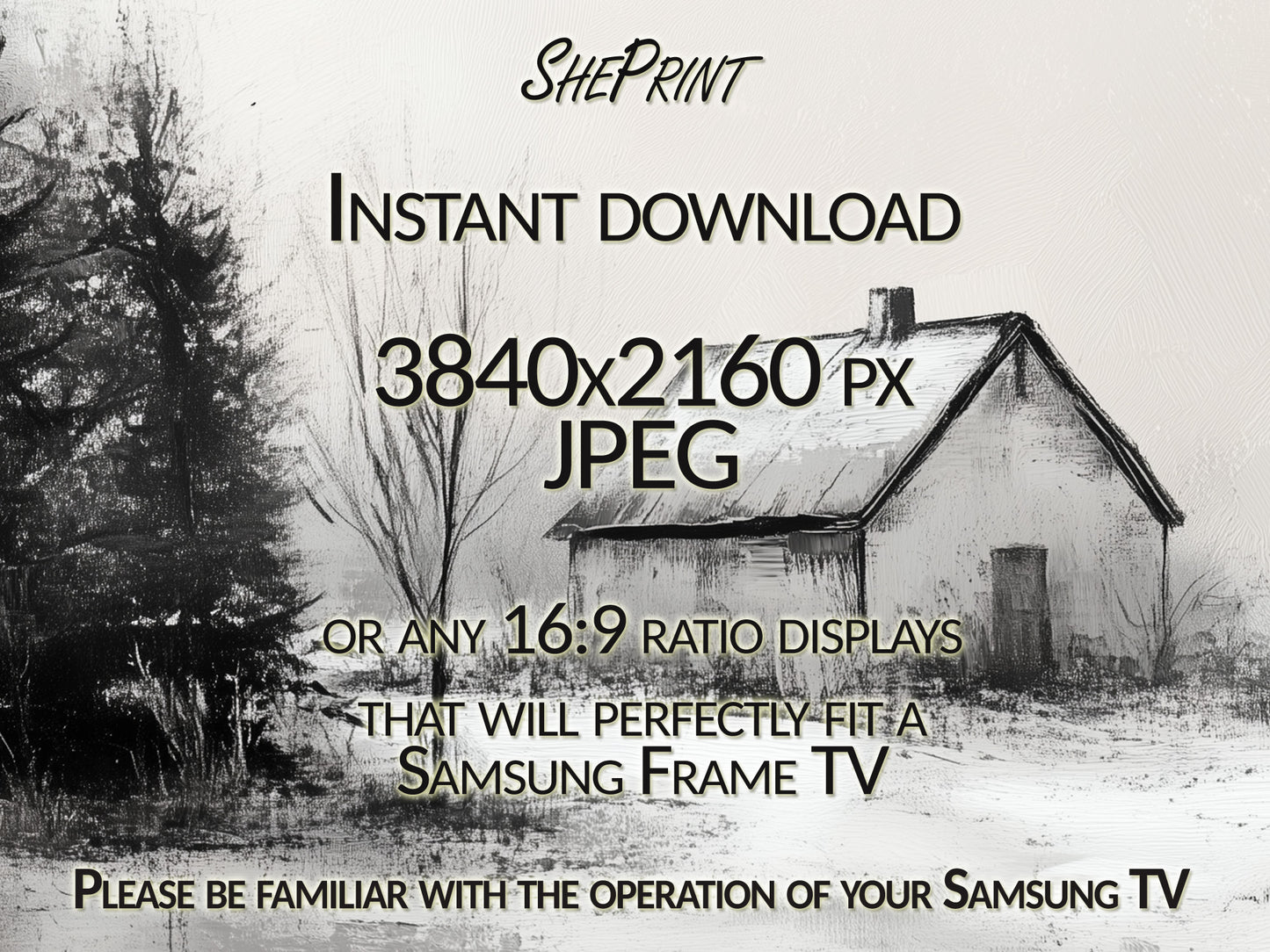 Winter Barn Scene Monochrome Frame TV Art close up view