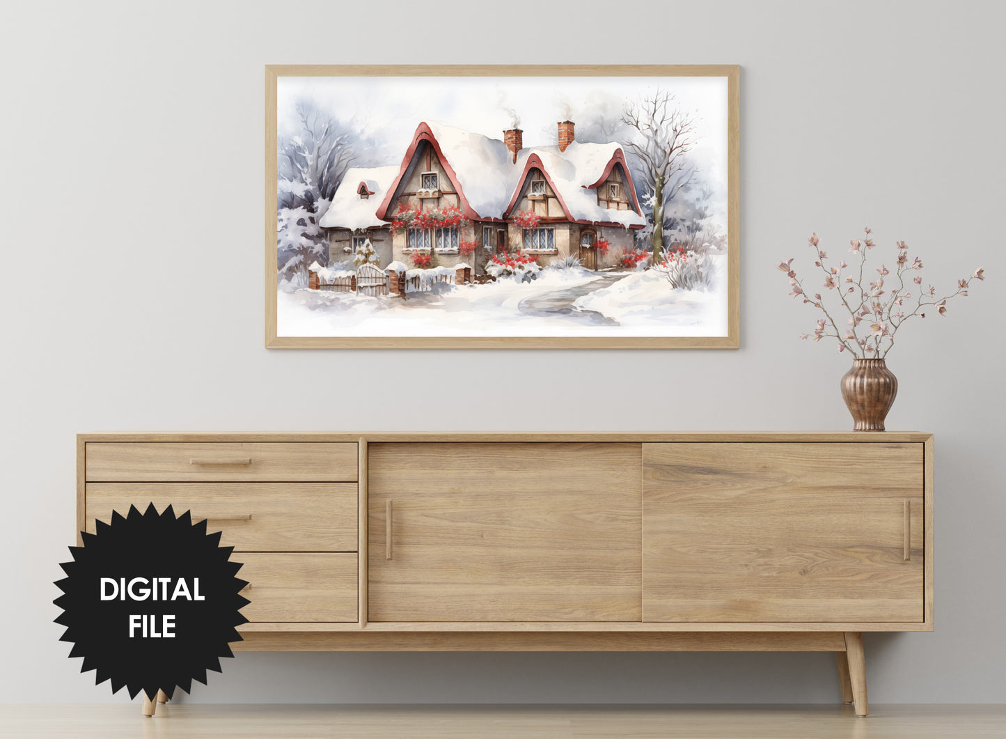 Christmas Frame TV Art | Rustic Winter Cottage | Digital TV Art | Digital Watercolor Painting | Instant Download JPEG