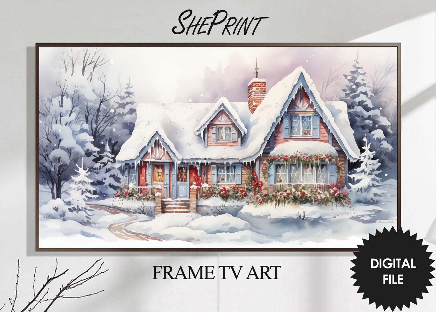 Christmas Frame TV Art | Cheerful Winter Cottage | Digital TV Art | Digital Watercolor Painting | Instant Download JPEG