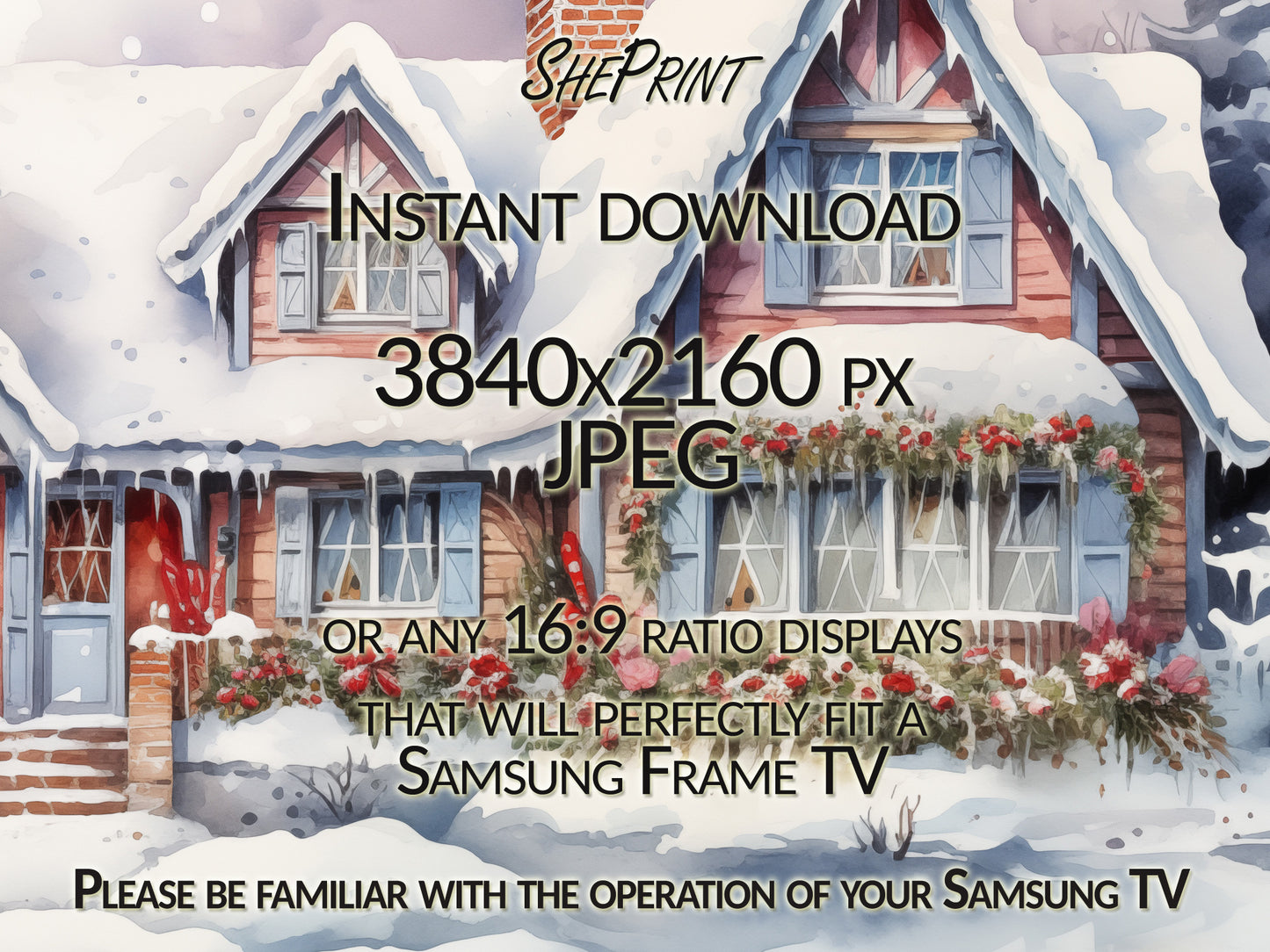 Christmas Frame TV Art | Cheerful Winter Cottage | Digital TV Art | Digital Watercolor Painting | Instant Download JPEG