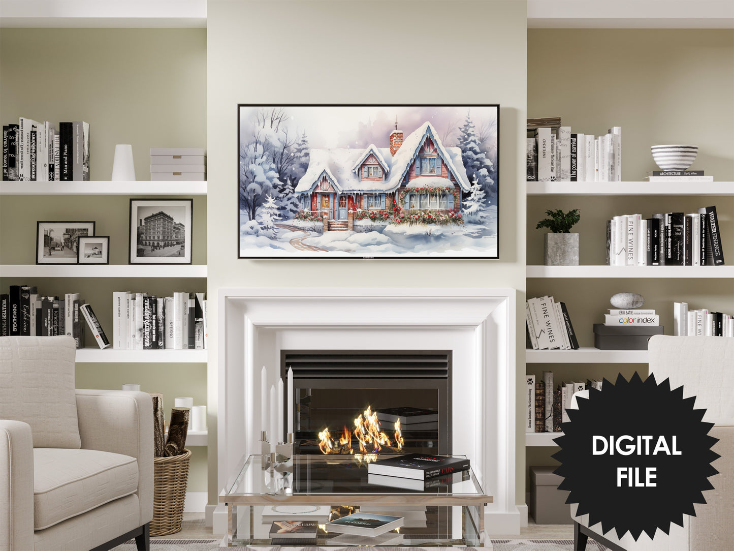 Christmas Frame TV Art | Cheerful Winter Cottage | Digital TV Art | Digital Watercolor Painting | Instant Download JPEG