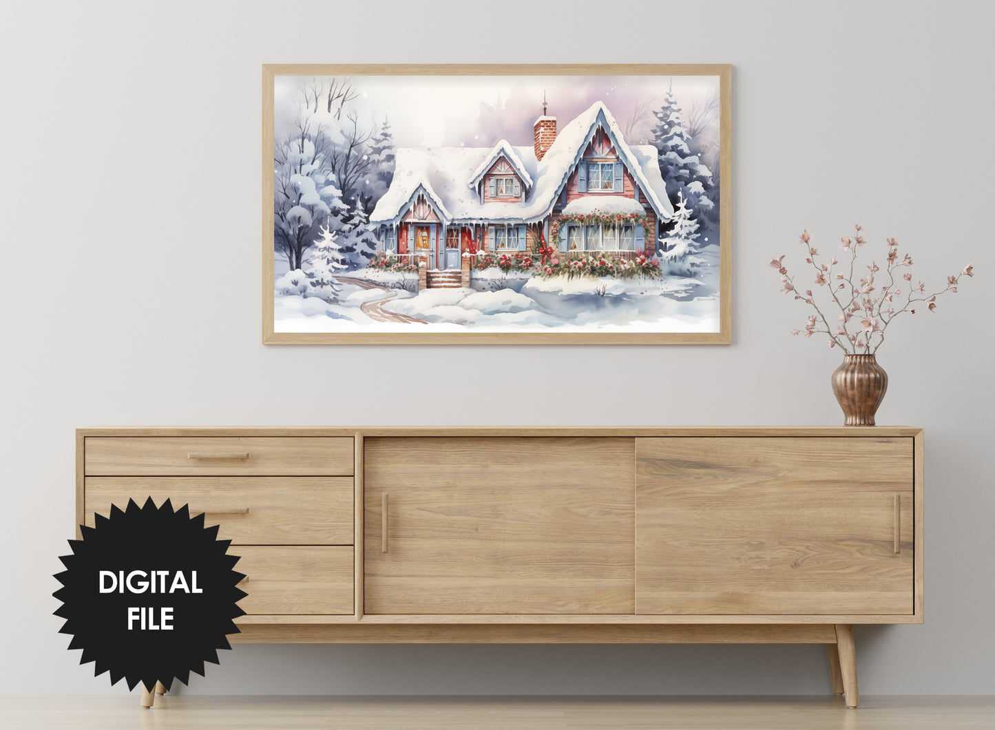 Christmas Frame TV Art | Cheerful Winter Cottage | Digital TV Art | Digital Watercolor Painting | Instant Download JPEG