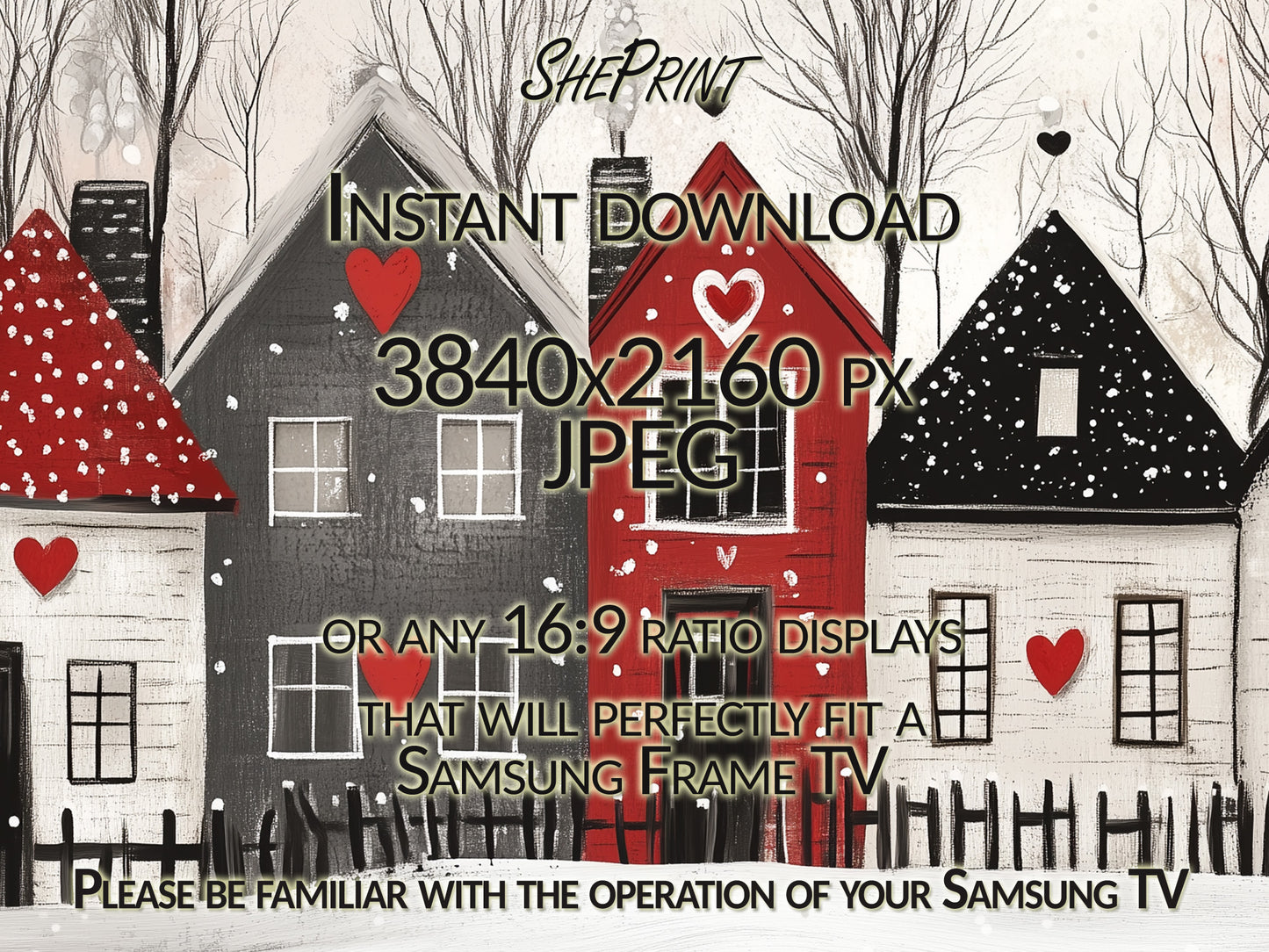 Winter Valentine's Day Frame TV Art | Cute Town Houses close up view