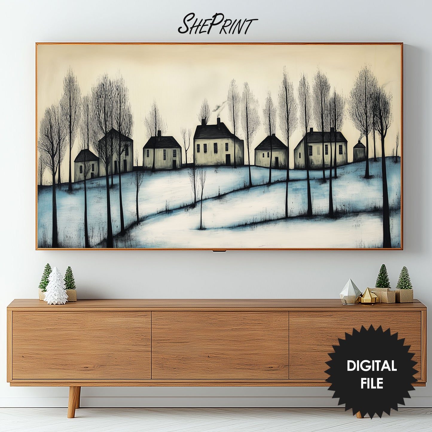 Wintry Serenity Winter Scene Frame TV Art preview in living room