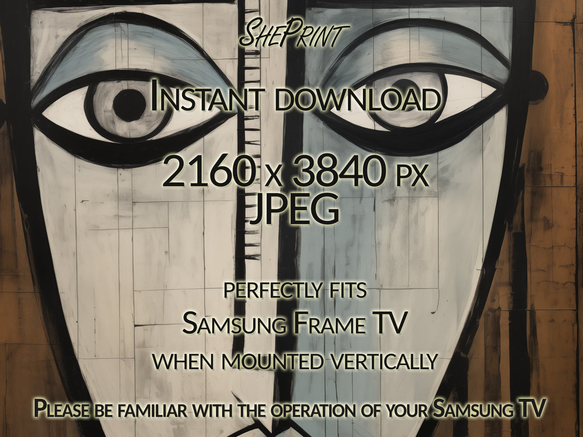 Vertical Frame TV Art, Woman Face Cubist Abstract Art, Neutral Colors close up view