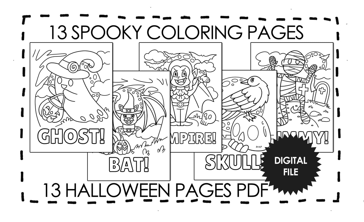 13 Spooky Halloween Coloring Pages for Kids of All Ages, ghost, bat, skull, mummy and vampire pages preview