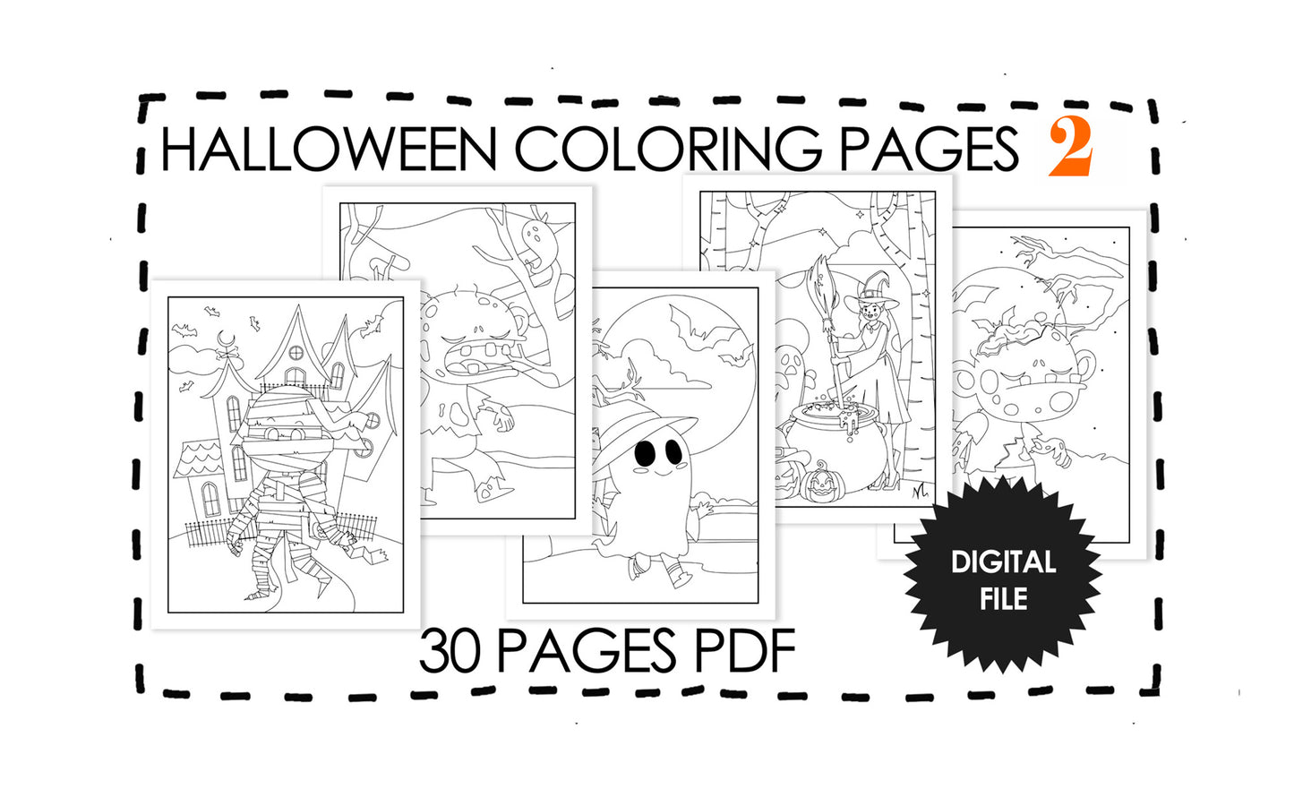 Halloween Coloring Pages 2, 30 Spooky Season Coloring for Kids Age 4-8 years, Festive Coloring Digital Printable Pages, Instant Download PDF
