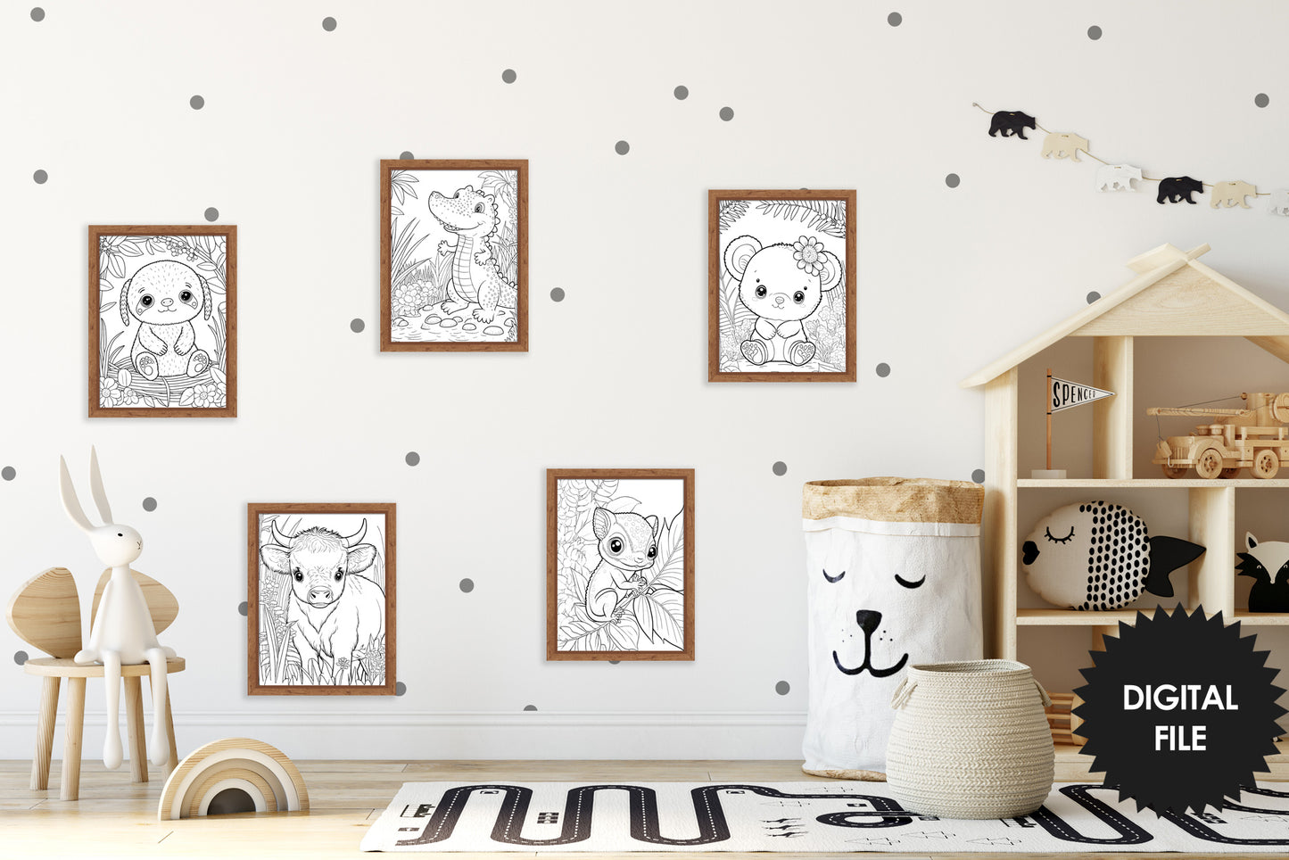 25 Cute Baby Animals Coloring Pages With Wooden Frame preview in kids room