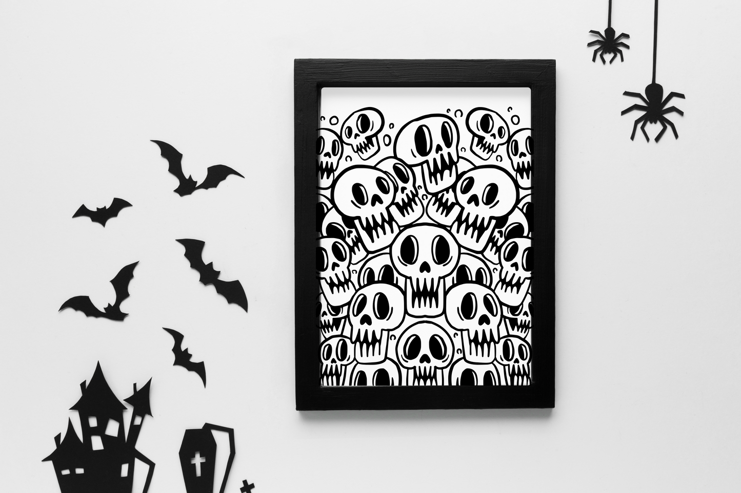 Halloween Wall Print Skulls, Boy Room Wall Print, Black & White, 17x22 In Coloring Poster, Instant Download PNG, Kids Halloween Poster