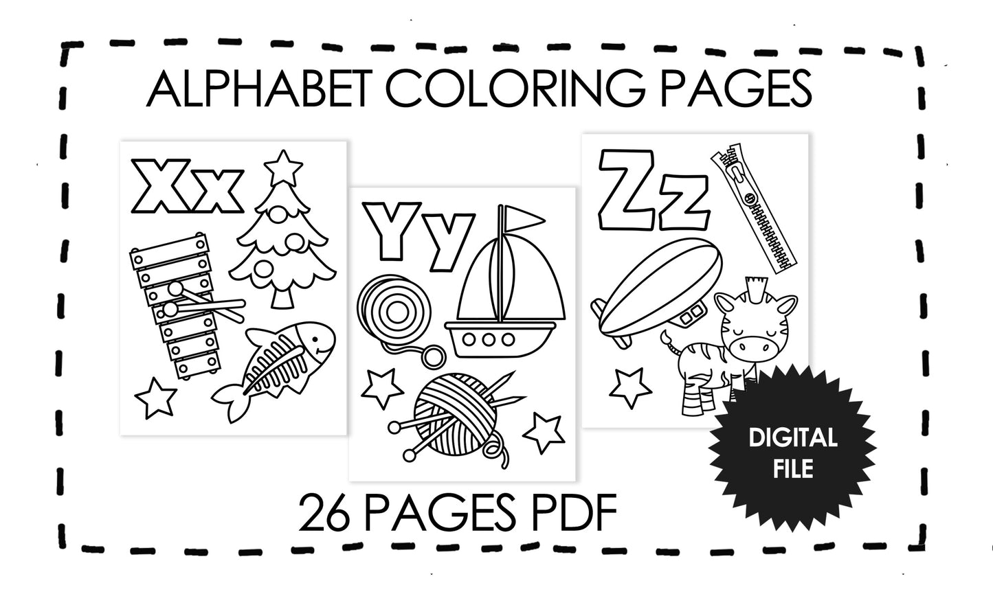 Alphabet Coloring Pages for Kids, Preschool ABC Coloring Book, Kids Printables, Instant Download PDF 26 Pages, Print At Home, Download Now