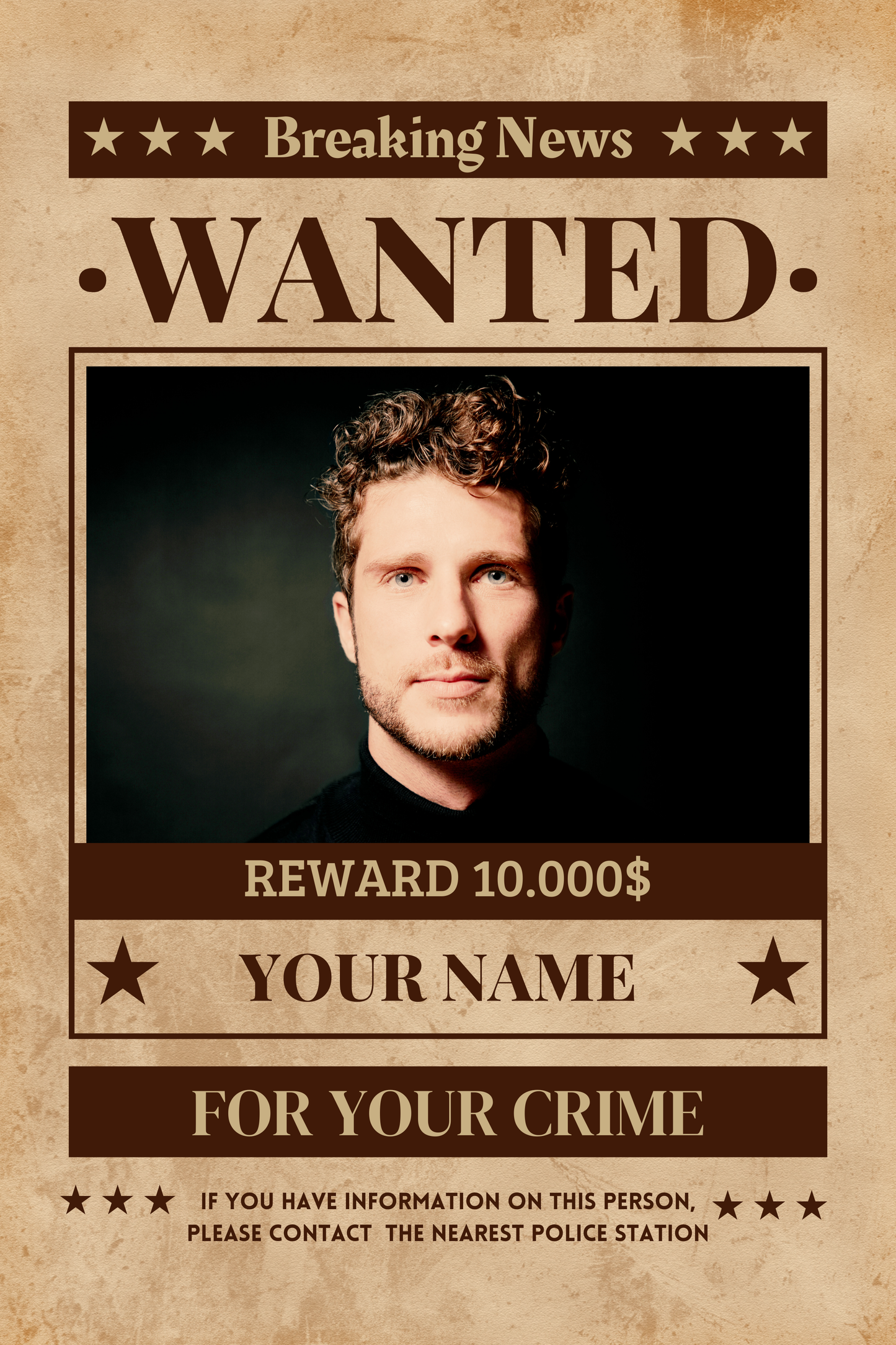 Simple Personalized Wanted Poster, With Your Photo, Name and Crime, Ready in 1-2 Days, Print Up To 24x36inch, For Horizontal or Vertical Photo