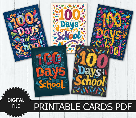 100 Days Of School Cards, Five Cards 5"x7 