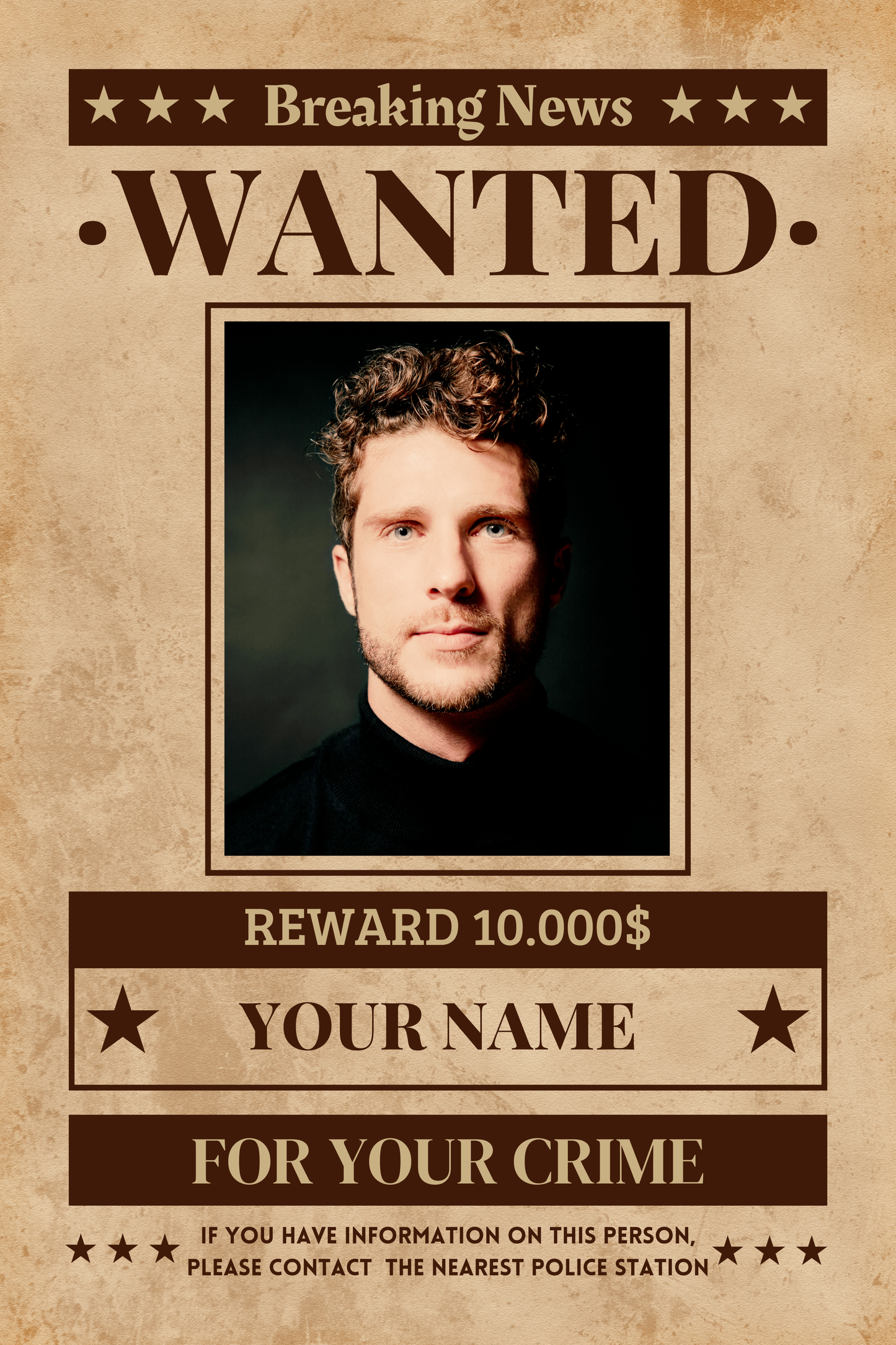 Simple Personalized Wanted Poster, With Your Photo, Name and Crime, Ready in 1-2 Days, Print Up To 24x36inch, For Horizontal or Vertical Photo