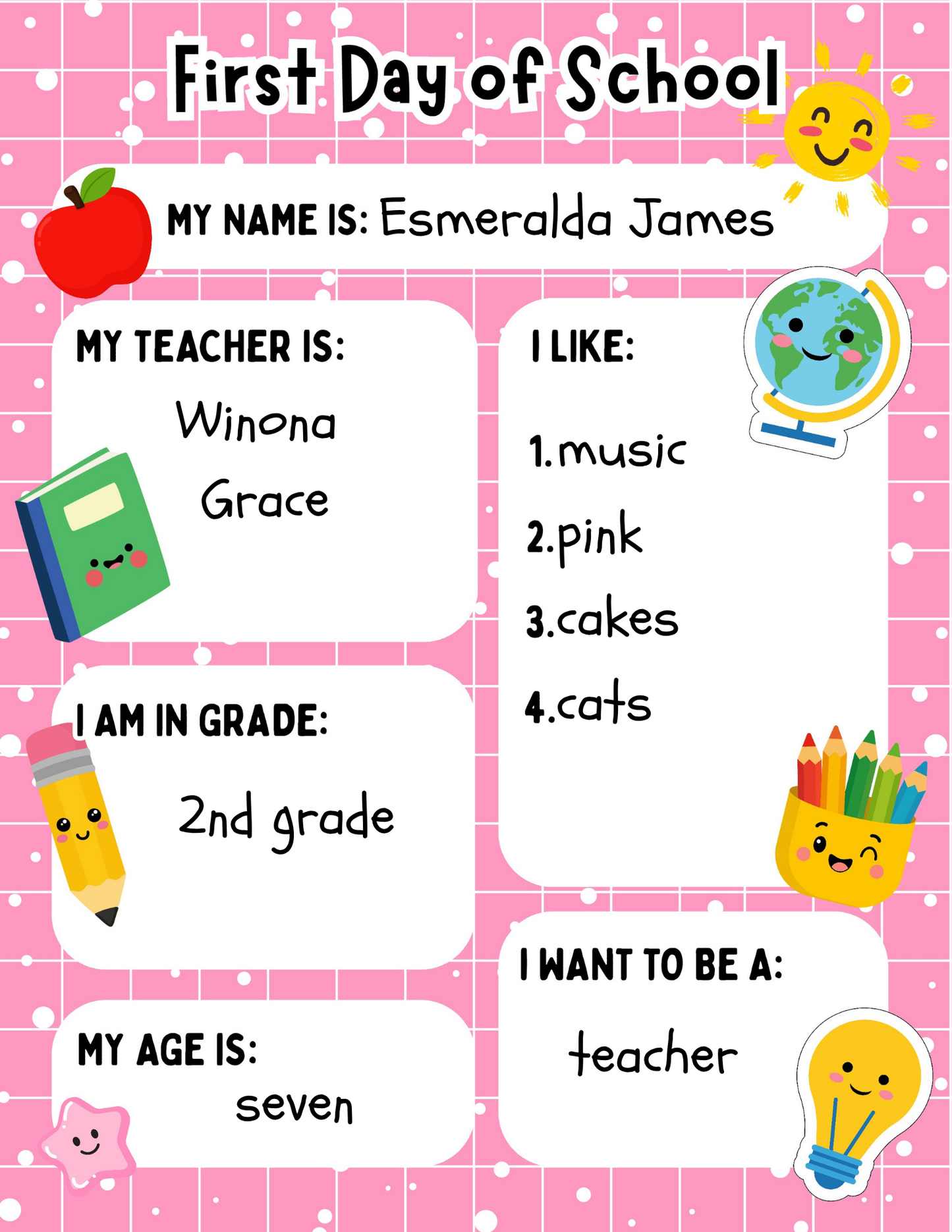 First Day of School Sign, Editable in Canva Template, Letter Size, Digital Download, pink version preview