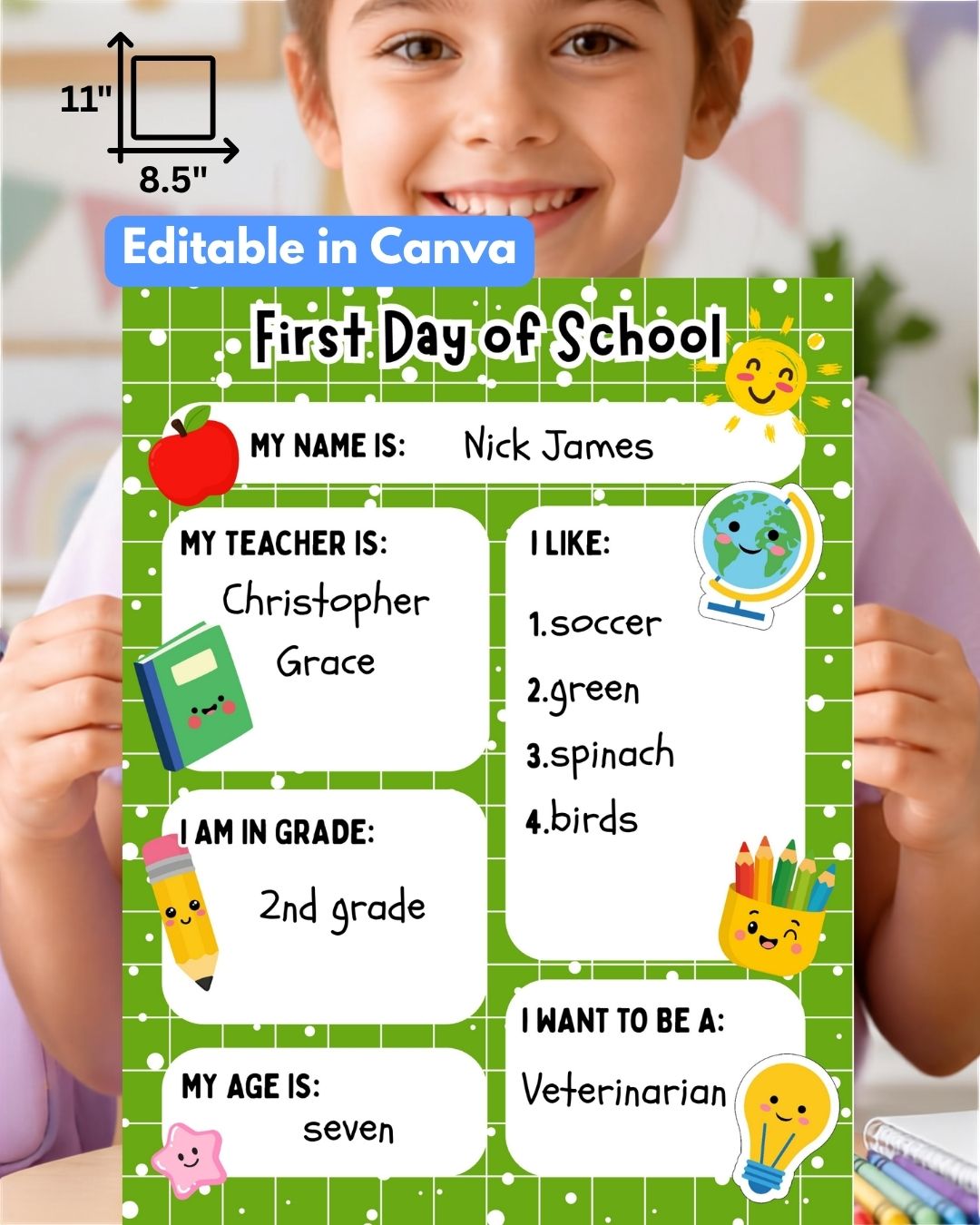 First Day of School Sign, Editable in Canva Template, Letter Size, Digital Download, green version