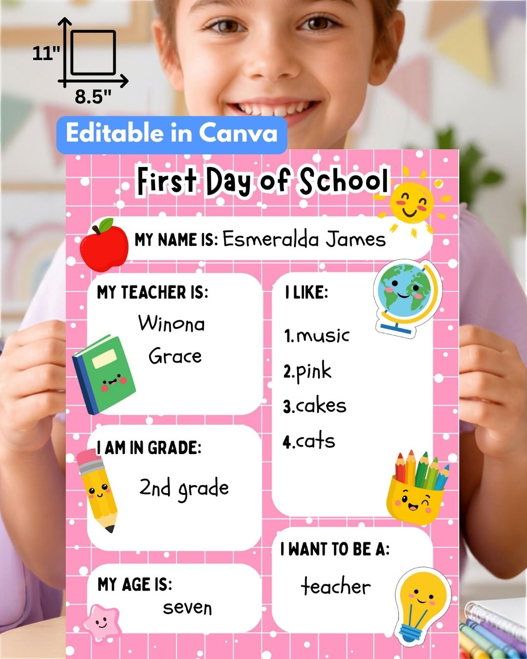 First Day of School Sign, Editable in Canva Template, Letter Size, Digital Download