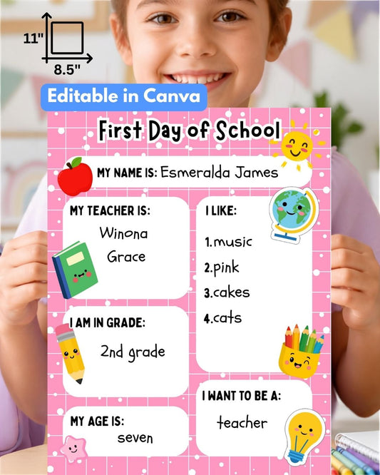 First Day of School Sign, Editable in Canva Template, Letter Size, Digital Download