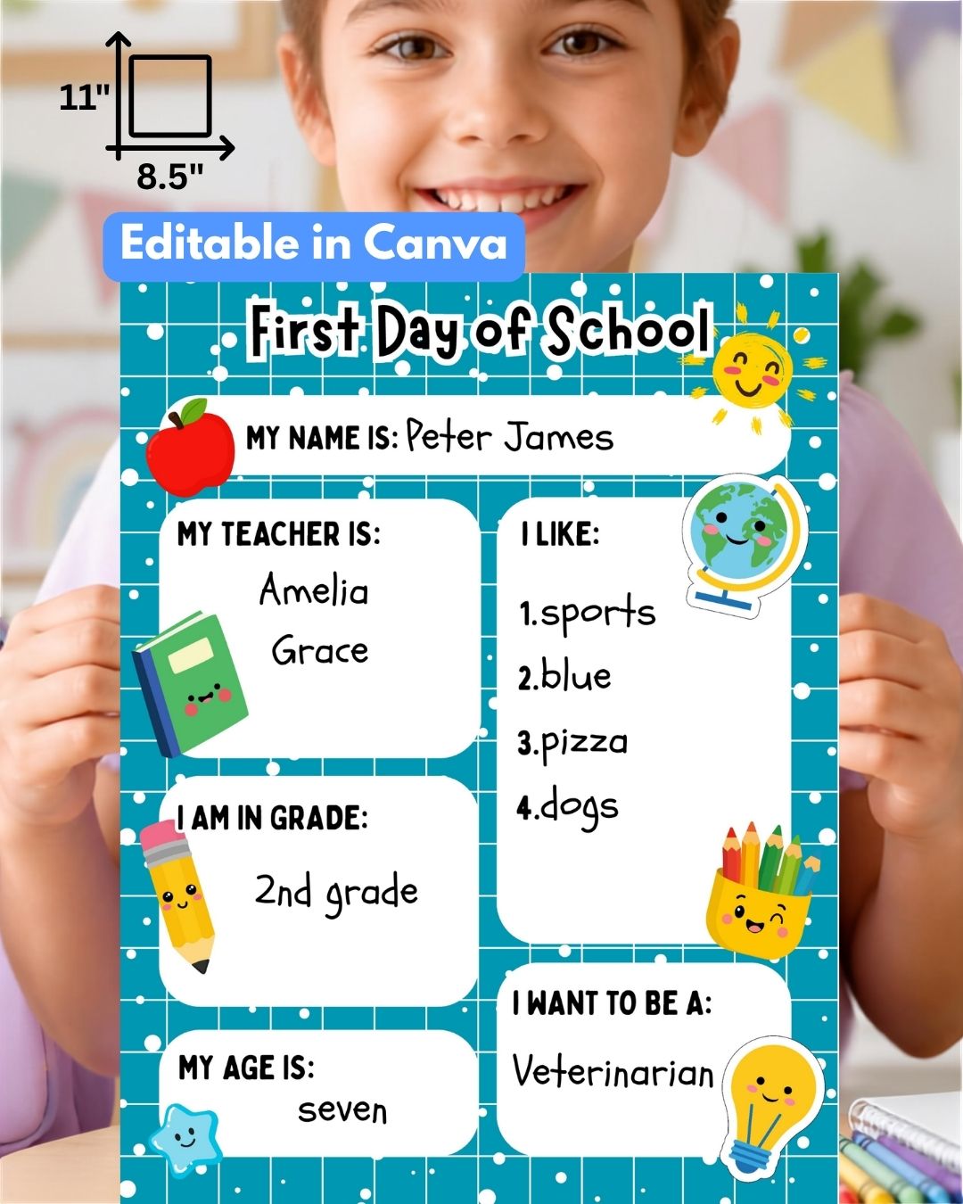 First Day of School Sign, Editable in Canva Template, Letter Size, Digital Download, blue version