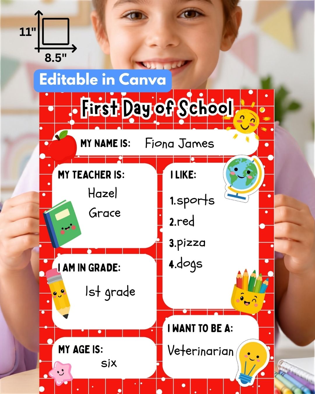 First Day of School Sign, Editable in Canva Template, Letter Size, Digital Download, red version