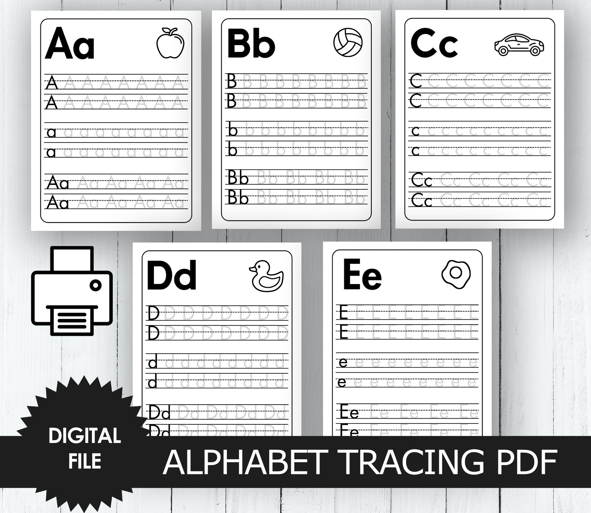 Alphabet Letter Tracing A-Z, Uppercase and Lowercase, Kindergarten and Preschool Worksheets preview A-E