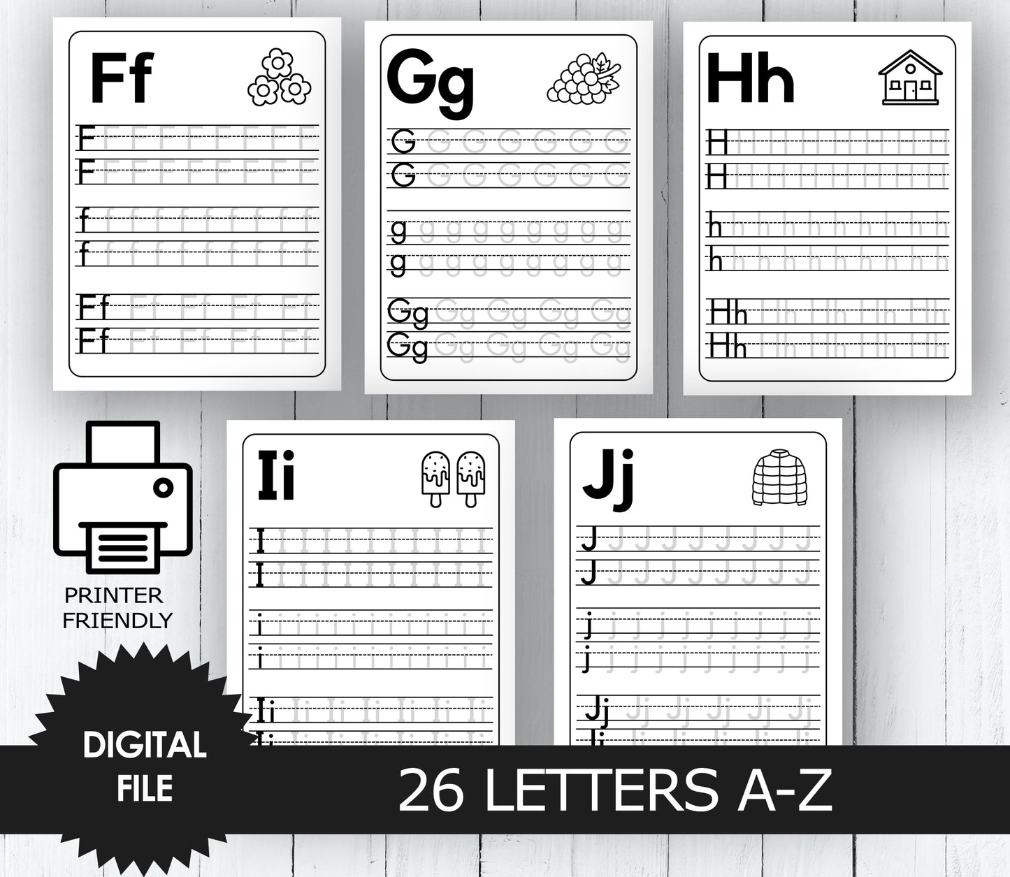 Alphabet Letter Tracing A-Z, Uppercase and Lowercase, Kindergarten and Preschool Worksheets preview F-J