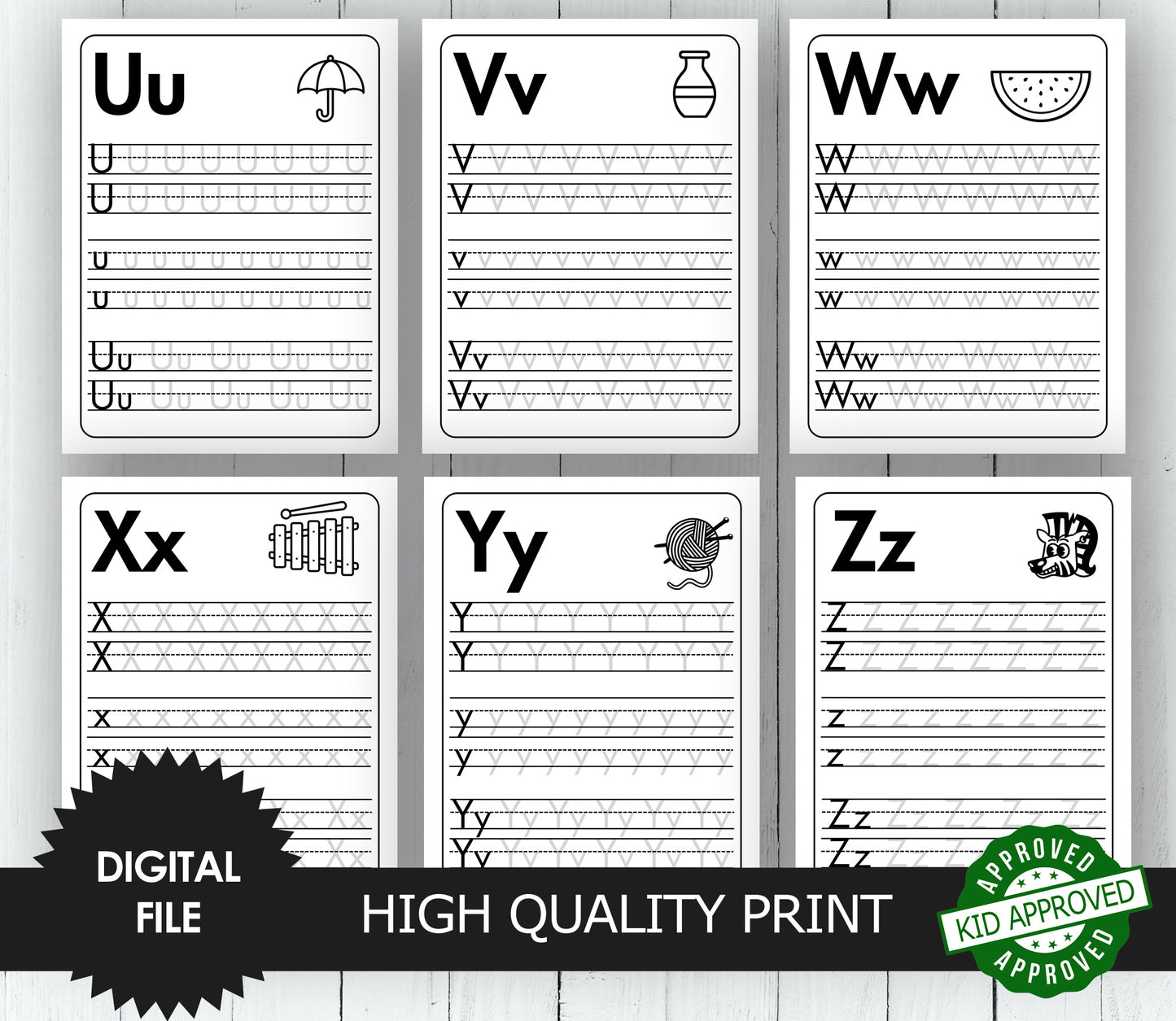 Alphabet Letter Tracing A-Z, Uppercase and Lowercase, Kindergarten and Preschool Worksheets preview U-Z