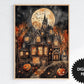 Wall Art, Cute Halloween Scene Watercolor, Haunted House Digital Print preview