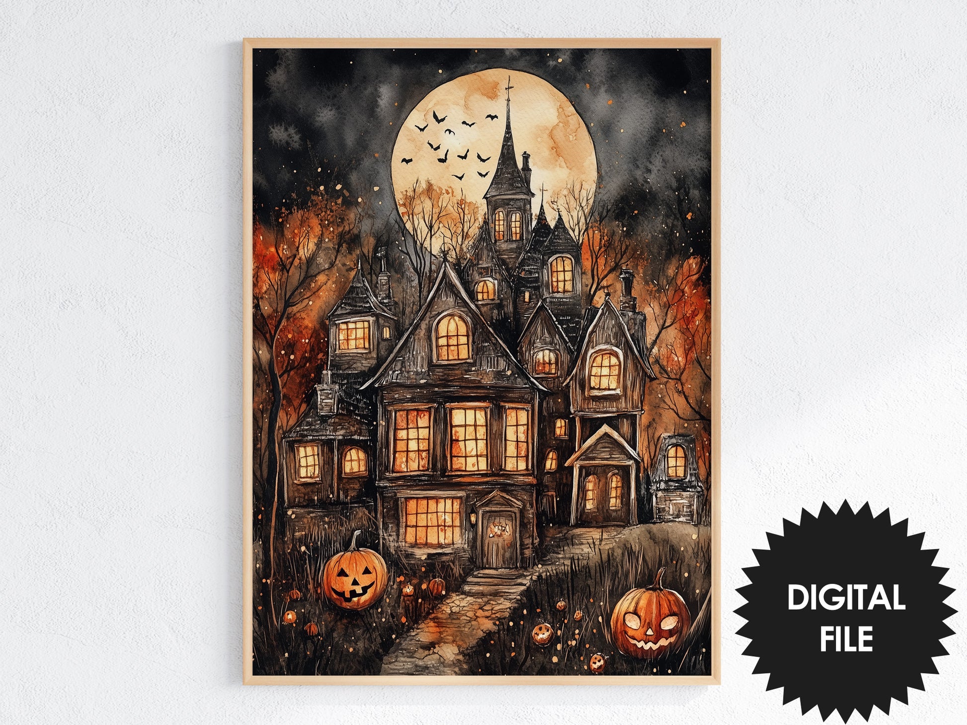 Wall Art, Cute Halloween Scene Watercolor, Haunted House Digital Print preview