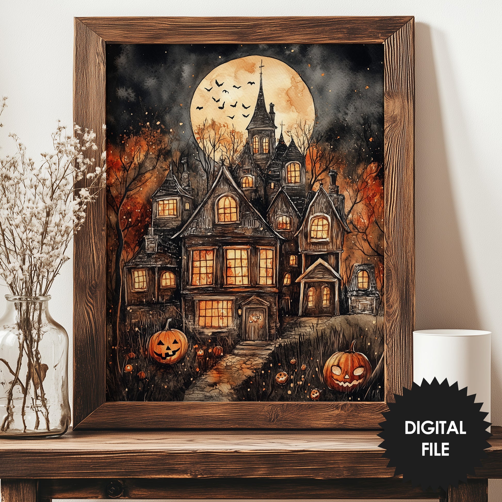 Wall Art, Cute Halloween Scene Watercolor, Haunted House Digital Print preview in rustic wooden frame