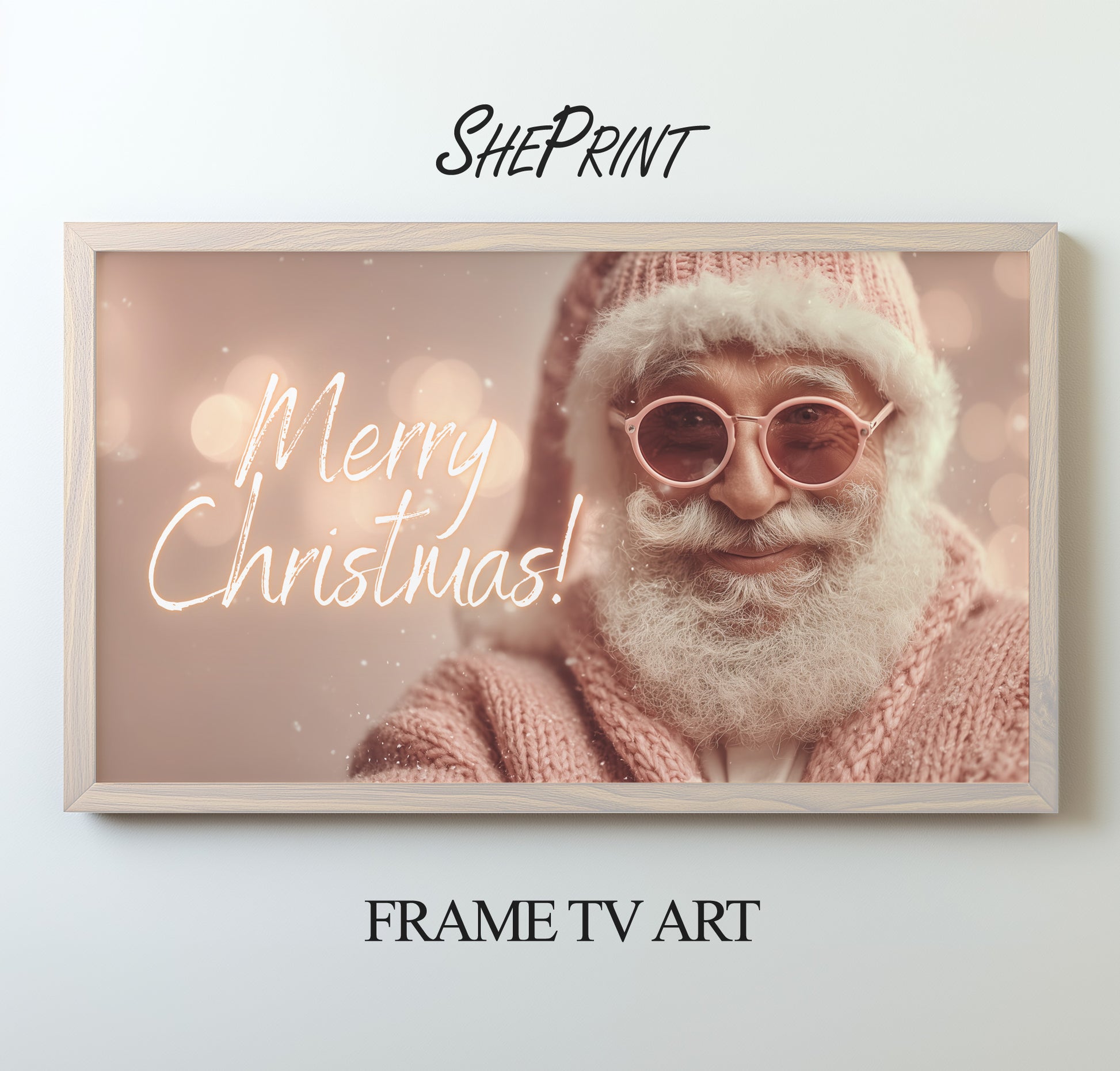 Merry Christmas Pink Santa Frame TV Art preview with light wooden frame
