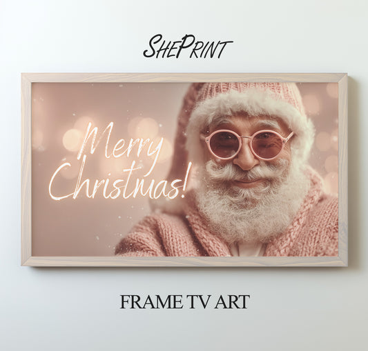 Merry Christmas Pink Santa Frame TV Art preview with light wooden frame